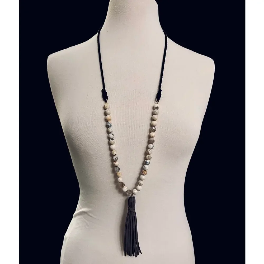 Beaded / Leather Long Boho Necklace Leather Tassel Western cowgirl chic